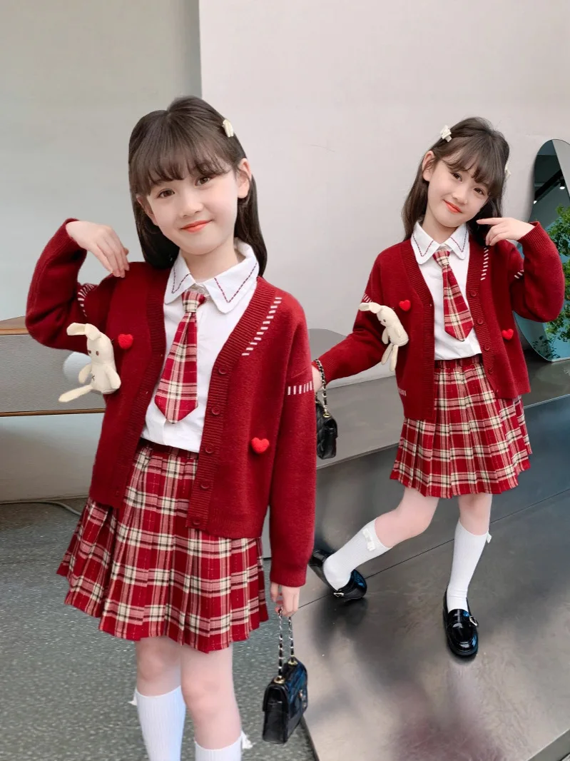 Teen Girls Clothes Set Autumn Winter College Style Primary School Student Set pleated Skirt Child Sweater JK Uniform 3 Piece Set