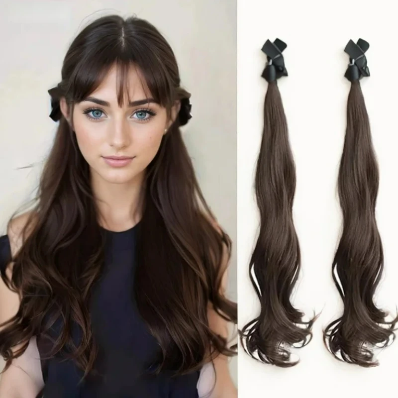 2Pcs/Set Synthetic Long Wave Ponytail With Black Satin Bownot Mini Princess Style Grab Clip Hair Accessories for Women Daily Use