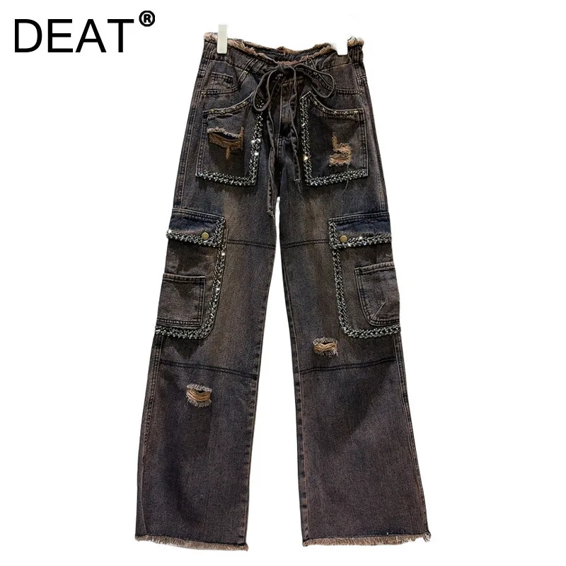 

DEAT Women's Jeans Diamonds Straight Multiple Pockets Washed Vintage Broken Holes Cargo Denim Pants 2024 Autumn New Fashion