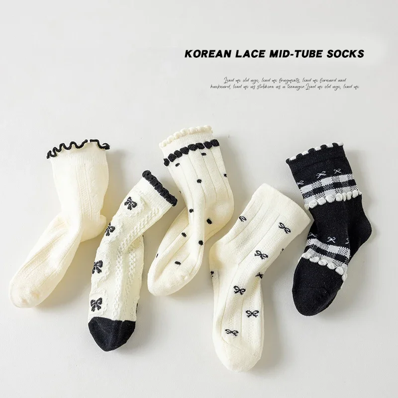 Trendy Cotton Solid Children Girls Lace Socks 5 Pairs Bow Ties Soft Breathable Striped Non-slip Half Princess Socks for Girls image 2