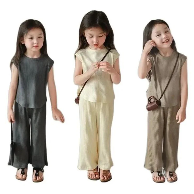 

1-8 Years Old Vest+Pants 2Pcs Suit Summer Kids Girls Soft Elastic Tops+Wide Leg Pant Clothing Set Fashion New Outfits Tracksuit