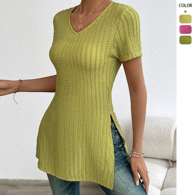 Chic Spring Summer Casual Tshirt Tops 2026 Solid Color Large Size Top V-neck Short-sleeved Split Pit Strip Polished T-shirt Y2K