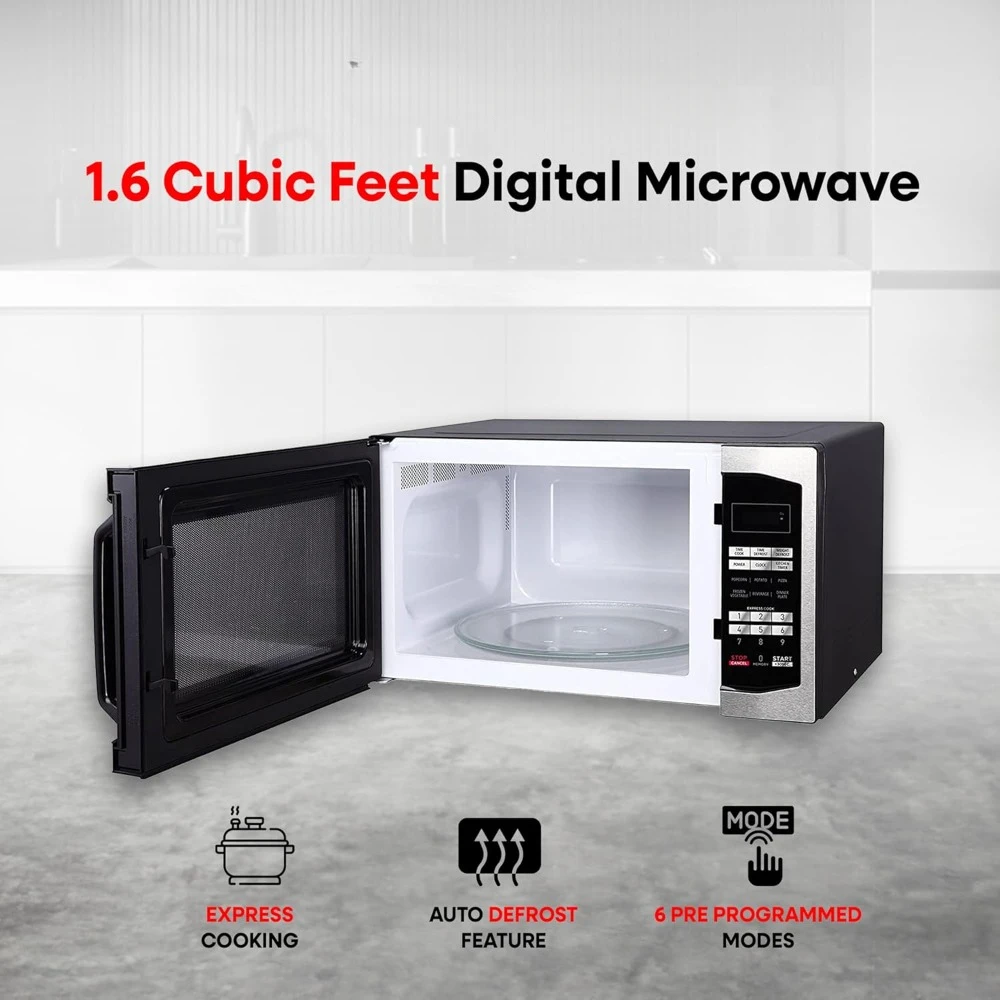 1100 Watts Microwave, 1.6 Cubic Feet Stainless Steel Digital Programmable Countertop Microwave