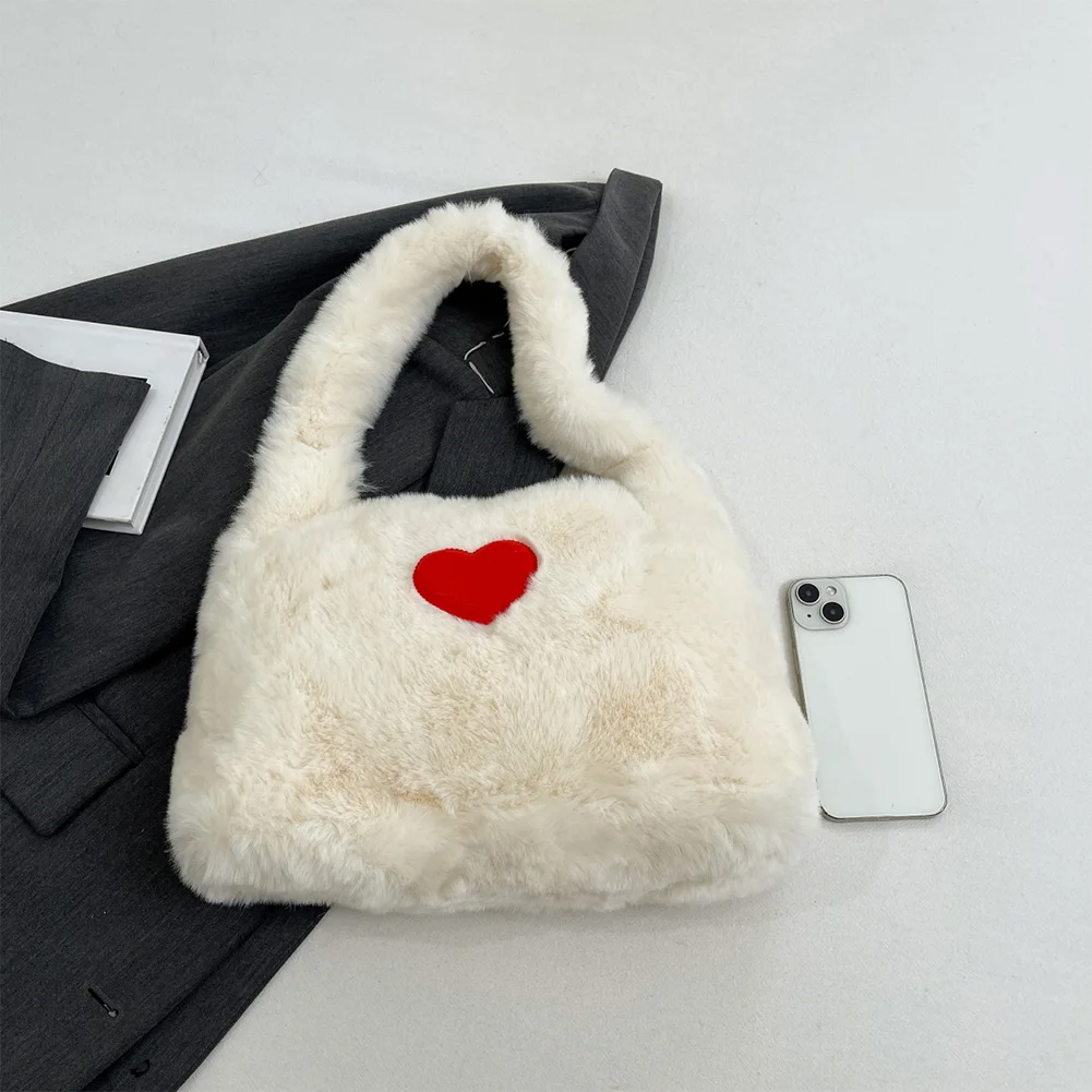 レディースフェイクファーショルダーバッグ、大容量ファジートップハンドルバッグ、ハート付きルーズホーボーバッグ、ソフトファーリーキャリーバッグ