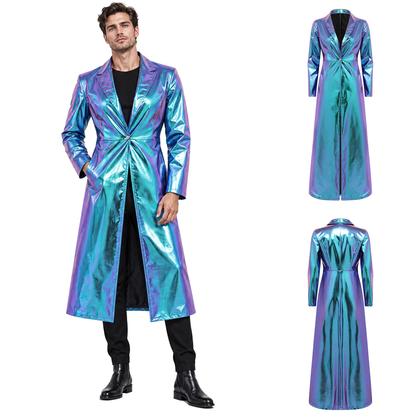 Mens Metallic Trench Coat Turn-down Collar Long Sleeve One Button Ankle Length Jacket Outerwear for Daily Wear Street Club Party