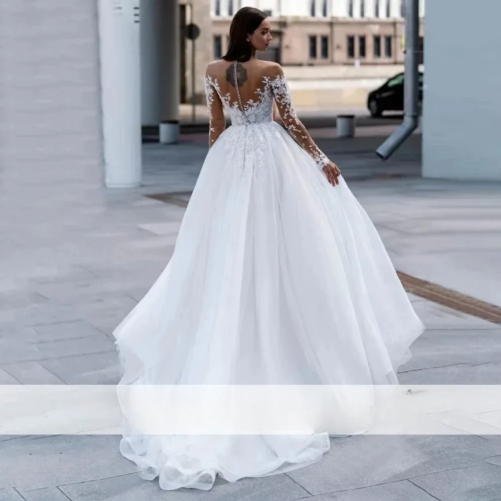 Customized Elegant Lace A Line Wedding Dresses Sweetheart Flower Long Sleeve Button Ball Gowns Fluffy Beach Bridal Gowns