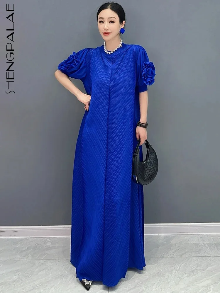 

SHENGPALAE Pleat Solid Color Long Dress 2024 Summer New Round Neck Tie Flower Sleeves Elegant Ladies Big Swing Female Robe C1265