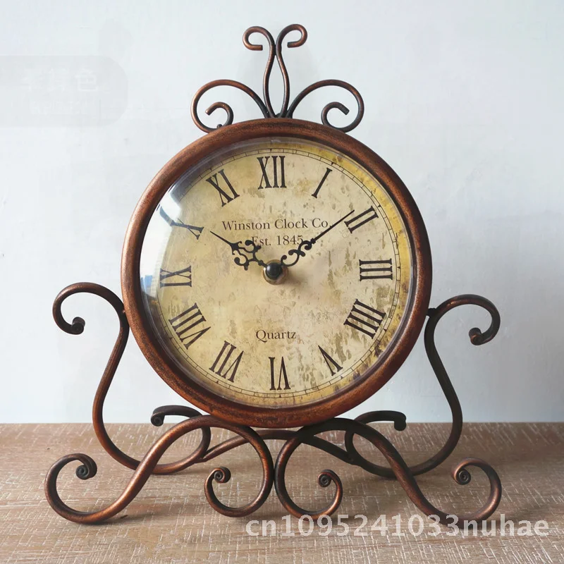 

Retro Steampunk Imitation Copper Wrought Iron Table Clock Silent Bedroom Decorative round Shape Pointer Number Metal 10inch