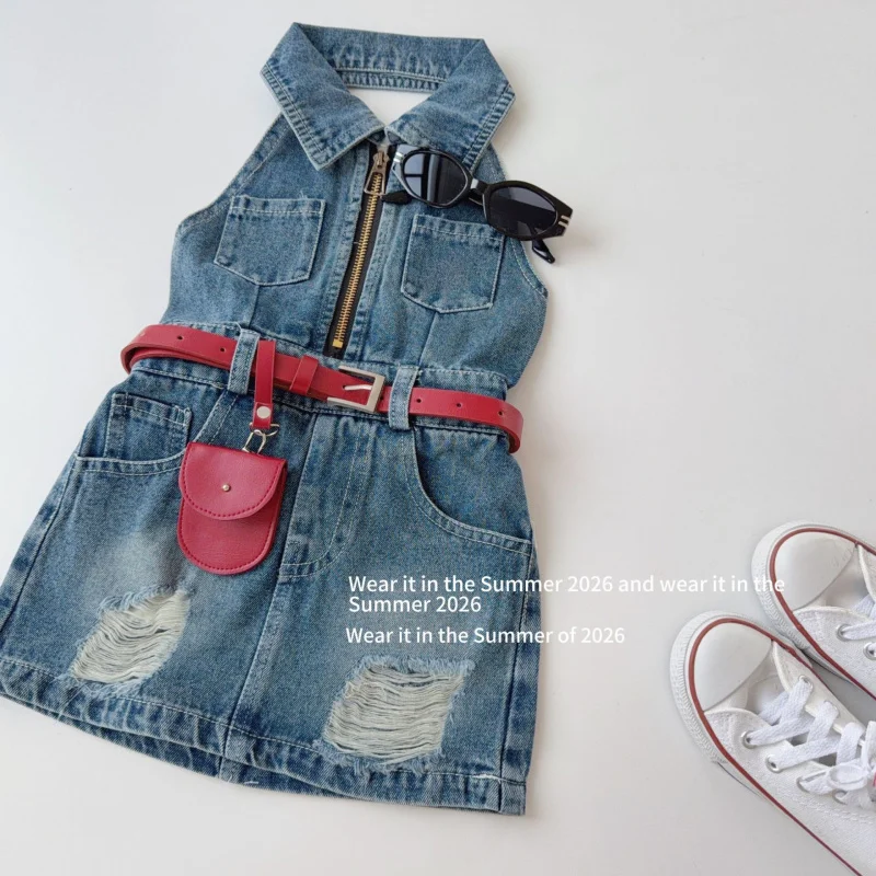 

Girls' vintage backless halter neck dress with bag and belt, new sleeveless high-waisted zippered dress with a turn-down collar
