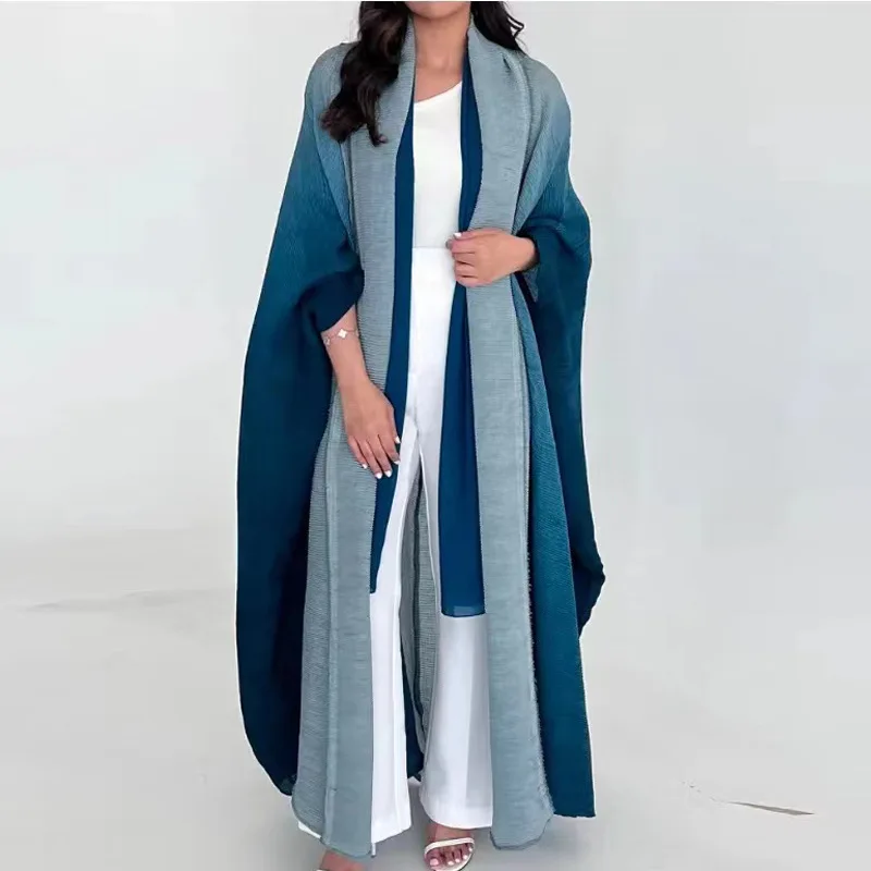 Women Trench Coat Muslim Long Cardigan Luxury Design Jackets Dubai Fashion Pleated Gradient Bat Sleeves Windbreaker