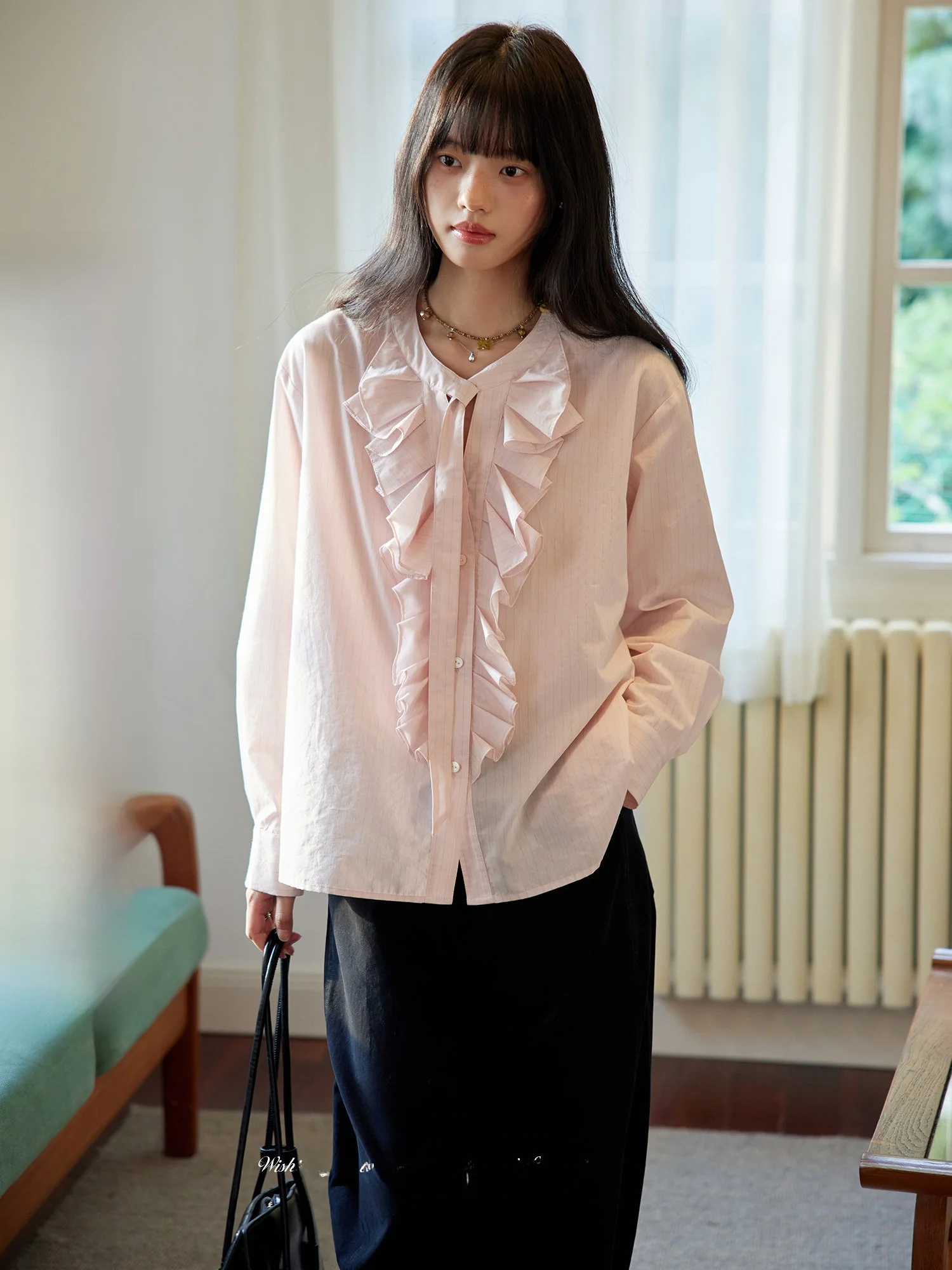 

ORWhite Vintage Sle Long Sve irt Women's Knot Belted Hemline Stand Collar Cotton Blend Regular Fit irt