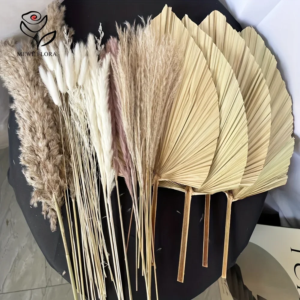 35Pcs Natural Pampas Grass Boho Home Decor Aesthetic Dried Flower Bouquet Palm Fans Reeds for Coffee Table Vase Arrangements