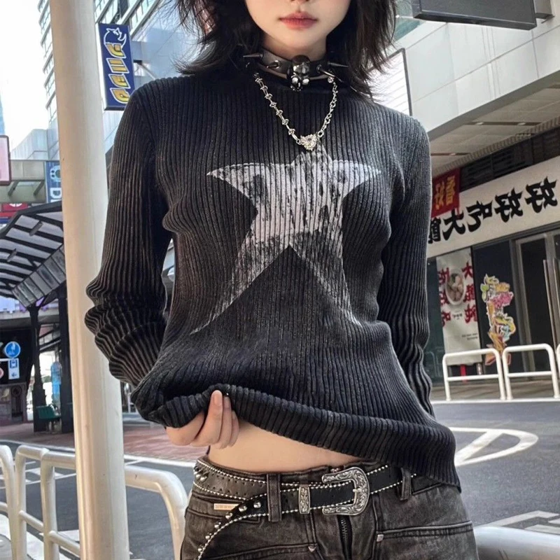 Women Clothing American Vintage Star Print Y2K Harajuku Streetwear T-shirt Gothic Grunge Fairycore Long Sleeve Slim Ribbed Tops