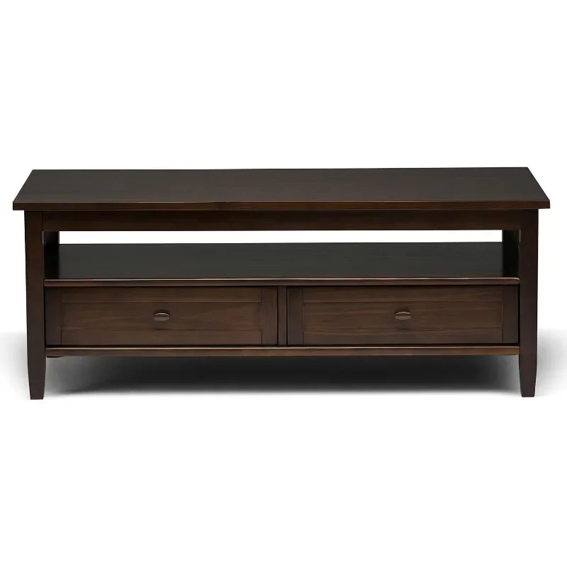 Warm Shaker SOLID WOOD Wide Rectangle Rustic Coffee Table in Tobacco Brown, for the Living Room and Family Room