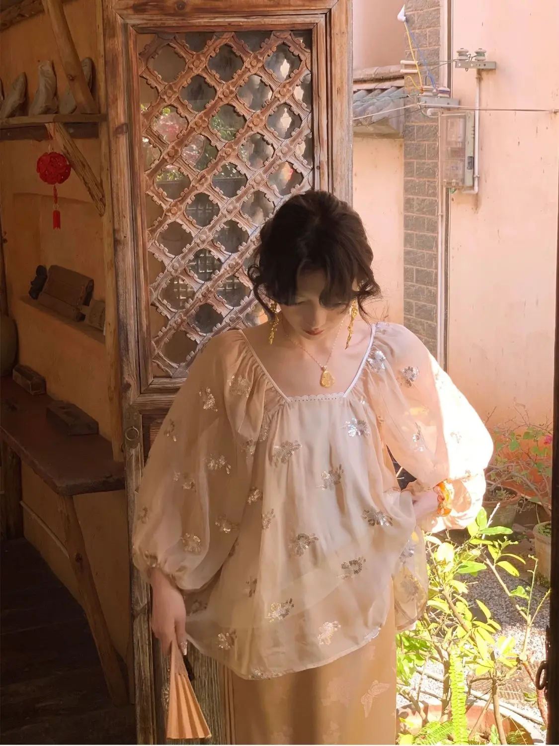 Needle Pearl Embroidery New Chinese Shirt Skirt Top Suit Two-Piece Style