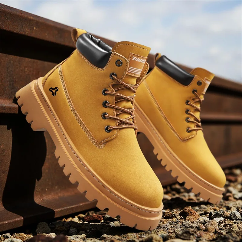 2025 New Men's Big Yellow Boots Durable Anti - Skid Sole High - Top Chunky Sole Winter Fleece Lined British Work Boots Motorcycl