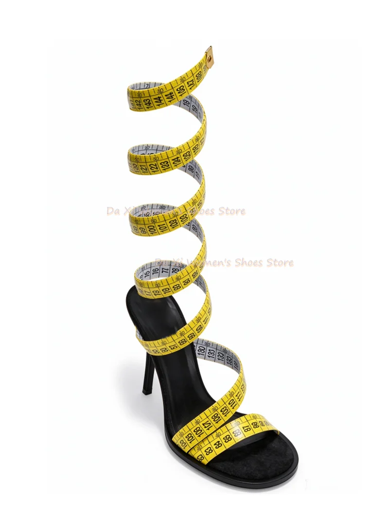 Tape Measure Printing Wrap-Around Type Sandals Open-Toe Stiletto Heels Gladiator Style Summer Luxurious Women's Sandals 2026