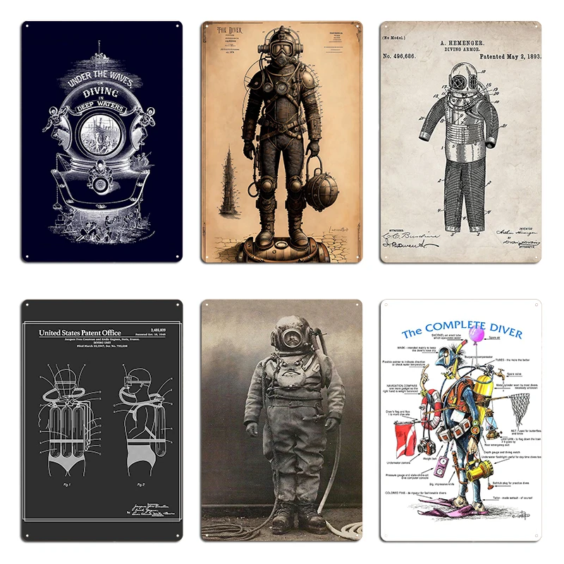Costume de plongée breveté Vintage, plongeurs en haute mer, instructeur de plongée, Art imprimé en métal, conception murale rouillée, affiche classique en étain