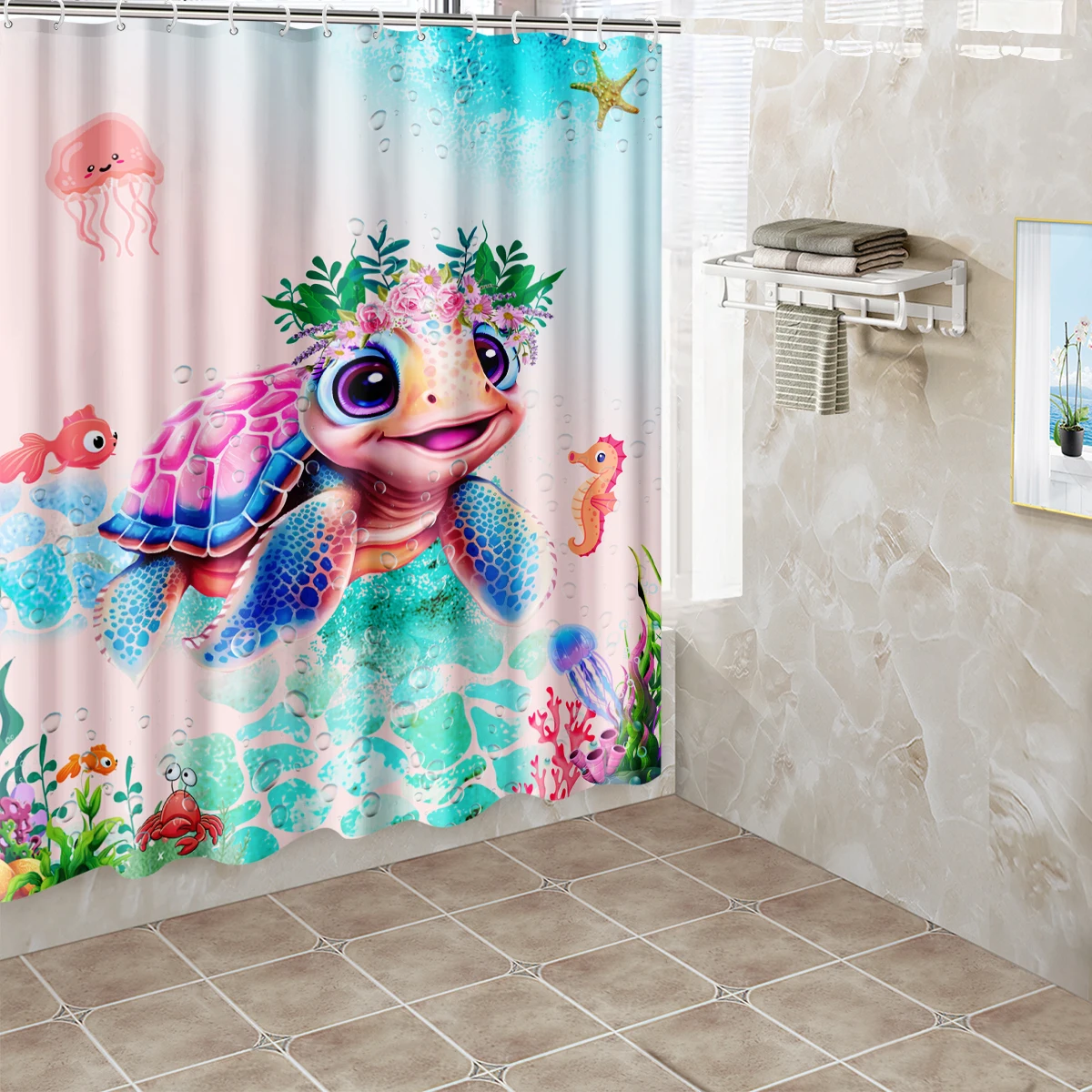 1pc Garland Turtle Shower Curtain Bathroom Partition Decorative Curtain Machine Washable Turtle Print Window Privacy Curtain