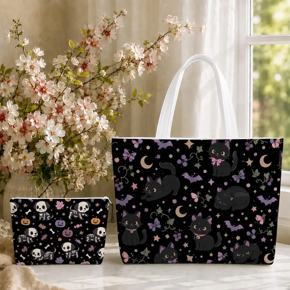 Pastel Halloween Creatures Storage Bags 2-Piece Set Double-Sided Printed Canvas Tote Bags with Zipper Shopping Shoulder Handbags