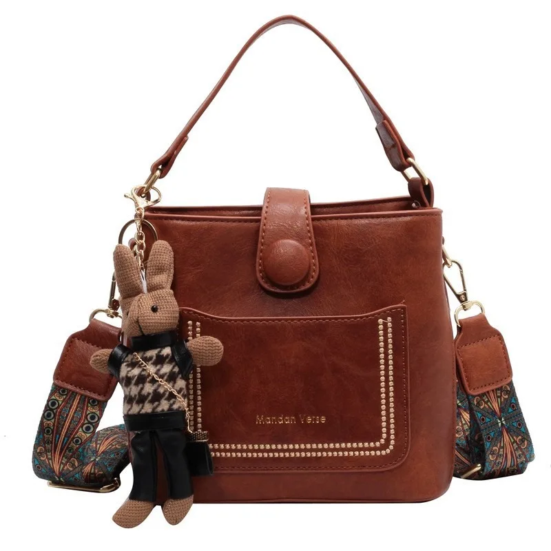 Retro Women Handbag Designer Inspired Soft PU Leather Shoulder Bag Versatile Commuter Bucket Bag Adjustable Strap Crossbody Bag