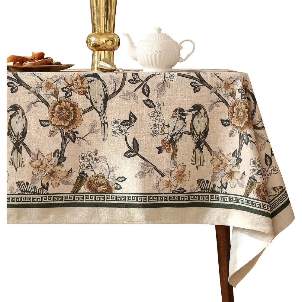 

Vintage Linen Tablecloth - Designer Floral and Bird Pattern for Elegant Fall Décor, Wrinkle Resistant