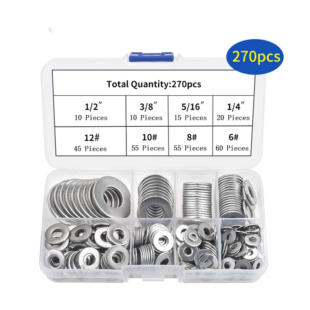 

270pcs 8 Sizes Stainless Steel Flat Washer Metal Plain Gasket Rings Assortment Kit Boxes Household Appliances Accessories