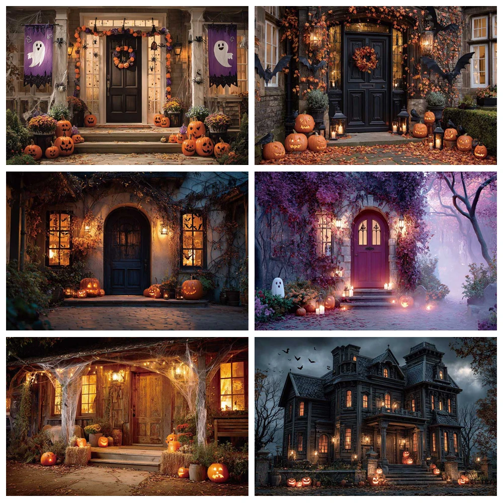 

MOON.QG Halloween House Porch Custom Backdrop Wreaths Ghost Banner Lantern Photography Background Photozone Party Shooting Props