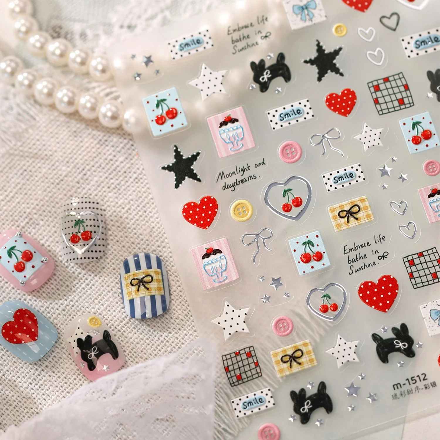 Vintage 5D Red Polka Dot Heart Cherry Dog Star Bow Plaid Square Button Cute Nail Art Stickers DIY for Women Manicure Nail Decal