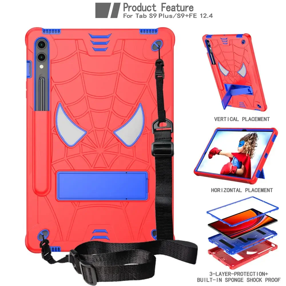 Cover for Samsung Tab S9 Plus SM-X810 X816B X818U 12.4 inch Silicone+PC Case Tab S9 FE PLUS SM-X610N/X616B 2023 + shoulder strap