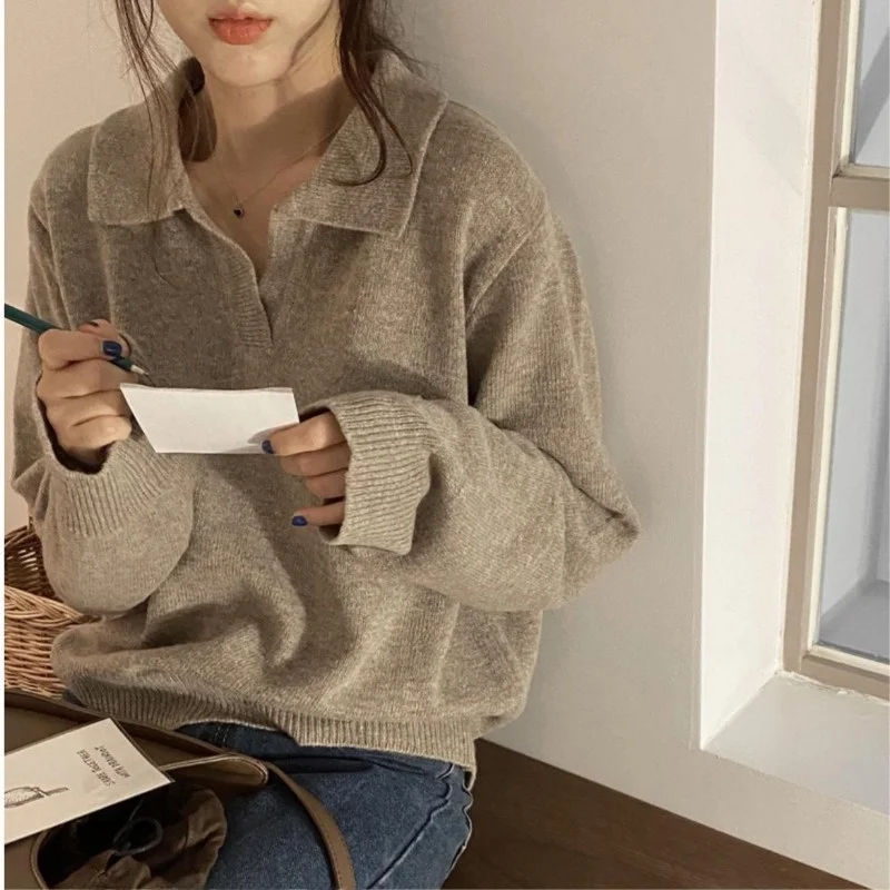 Maillard V-neck Sweater Outer Wear Women Autumn and Winter Dongguan Dalang Loose Idle Sle Knitted Polo Shirt Pullover Top