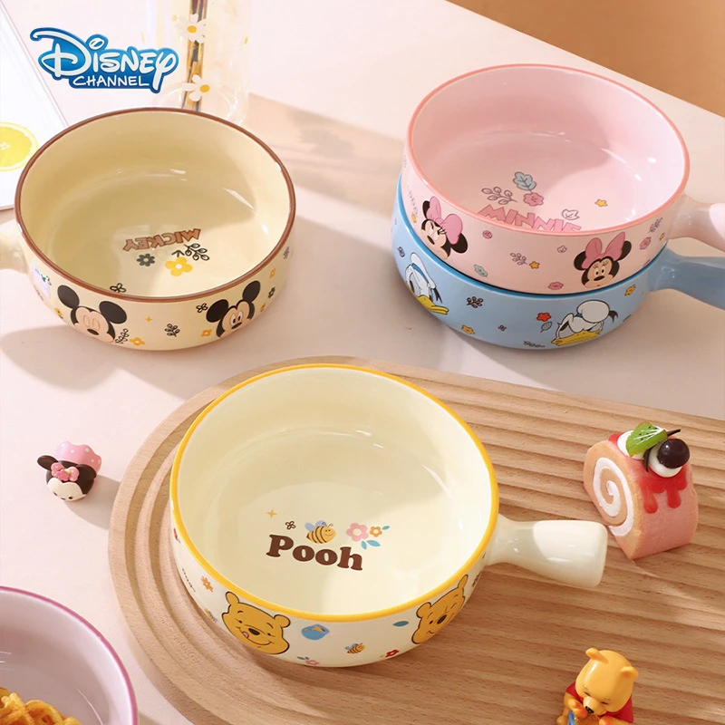 Disney Mickey Minnie Ceramic Rice Bowl Kids Cartoon Pooh Bear Donald Duck Cute Handle Snack Bowl Fruit Salad Bowl Kids Tableware