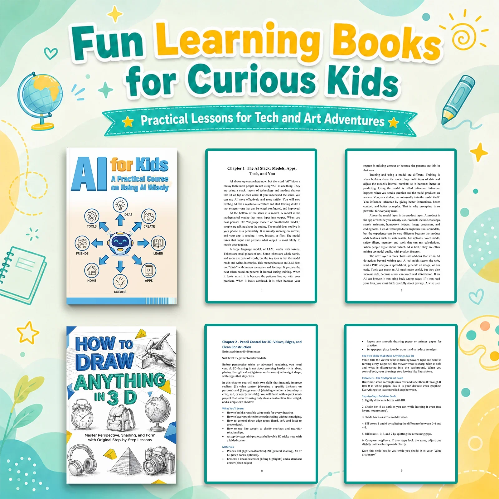 2-Book Fun Learning Set, English Edition, AI Basics and 3D Drawing Practice, Practical Tech and Creative Art Growth Books