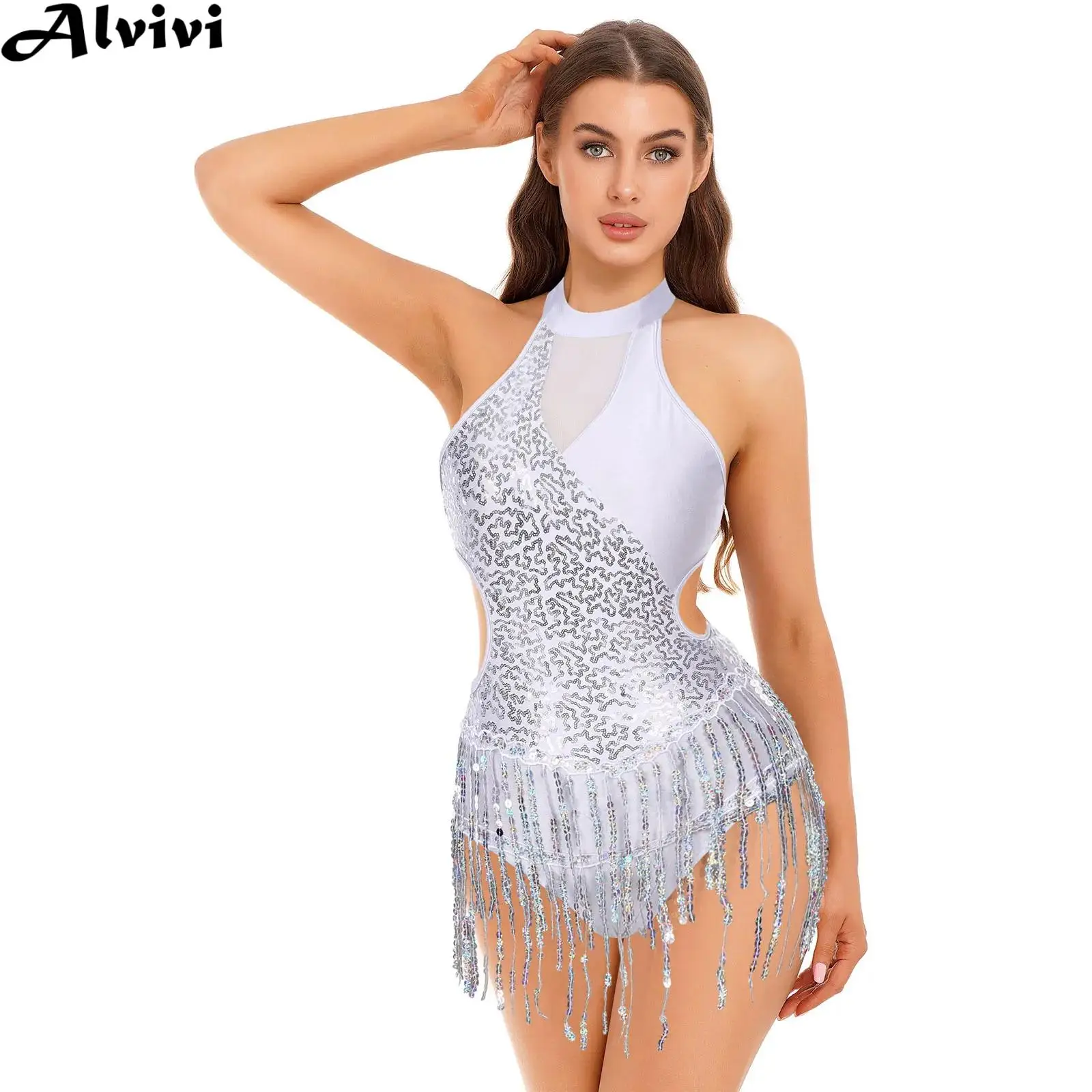 

Women Latin Dance Leotard Dress Cha-Cha Samba Tango Rumba Performance Dancewear Sleeveless Shiny Sequin Cutout Tassel Bodysuit