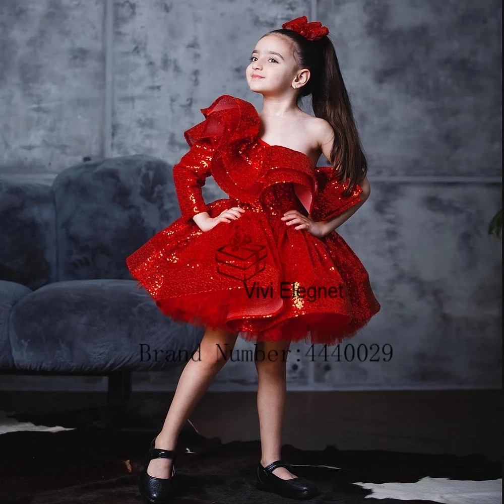 Red Sccop Flower Girls Dresses for Kids 2024 Knee Length Full Sleeve Sequined Wedding Party Dresses Summer فلور فتاة اللباس