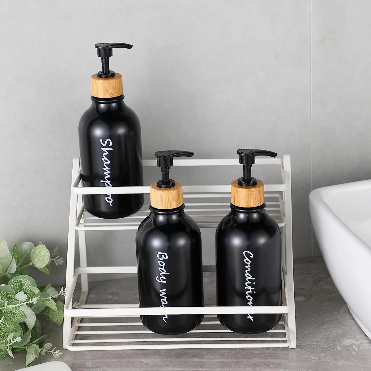 500ml Matte Black Shampoo Conditioner Bottles 3 Pack Refillable Bamboo Pump Shampoo Shower Dispenser