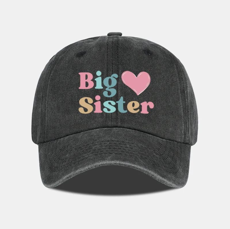 Big Sister Heart Print Vintage Washed Baseball Cap – Adjustable Size, Everyday Casual and Versatile Dad Cap