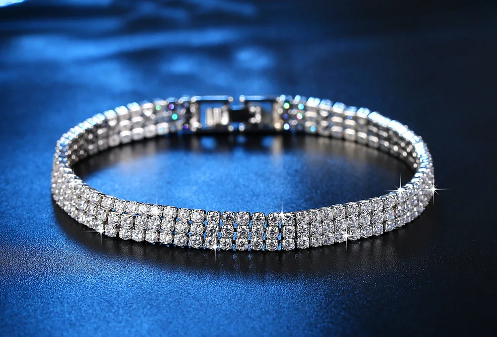 2022 New Luxury Three Rows Tennis Full Drills 2MM 18CM silver color on hand Bracelet Bangle For Women Jewelry Wholesale