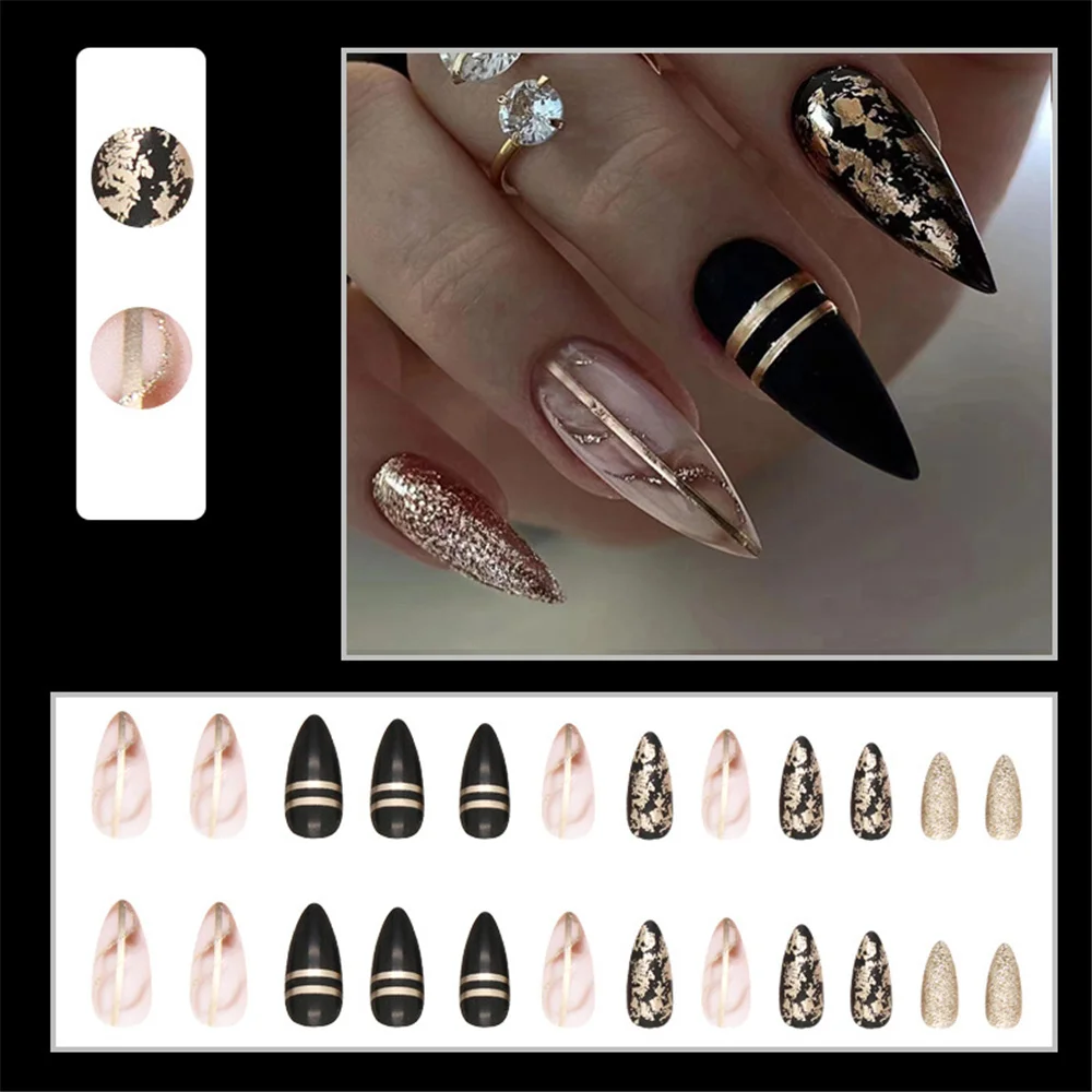 Sweet Cool Black Amandel Manicure Mode Franse Nep Nagel Tips Met Ontwerpen Draagbare Valse Nagels Ingesteld Druk Op Nagels