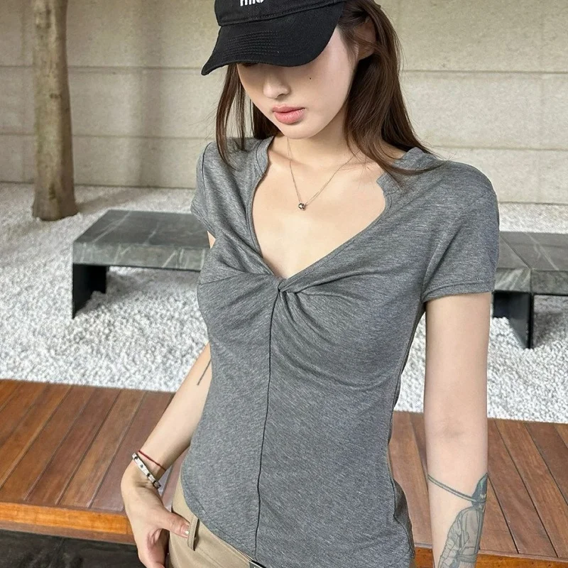 Women Grey Solid Twisted Knot V Neck T Shirt Women Summer Korean Slim Designer Short Sleeve Casual All-Match Top