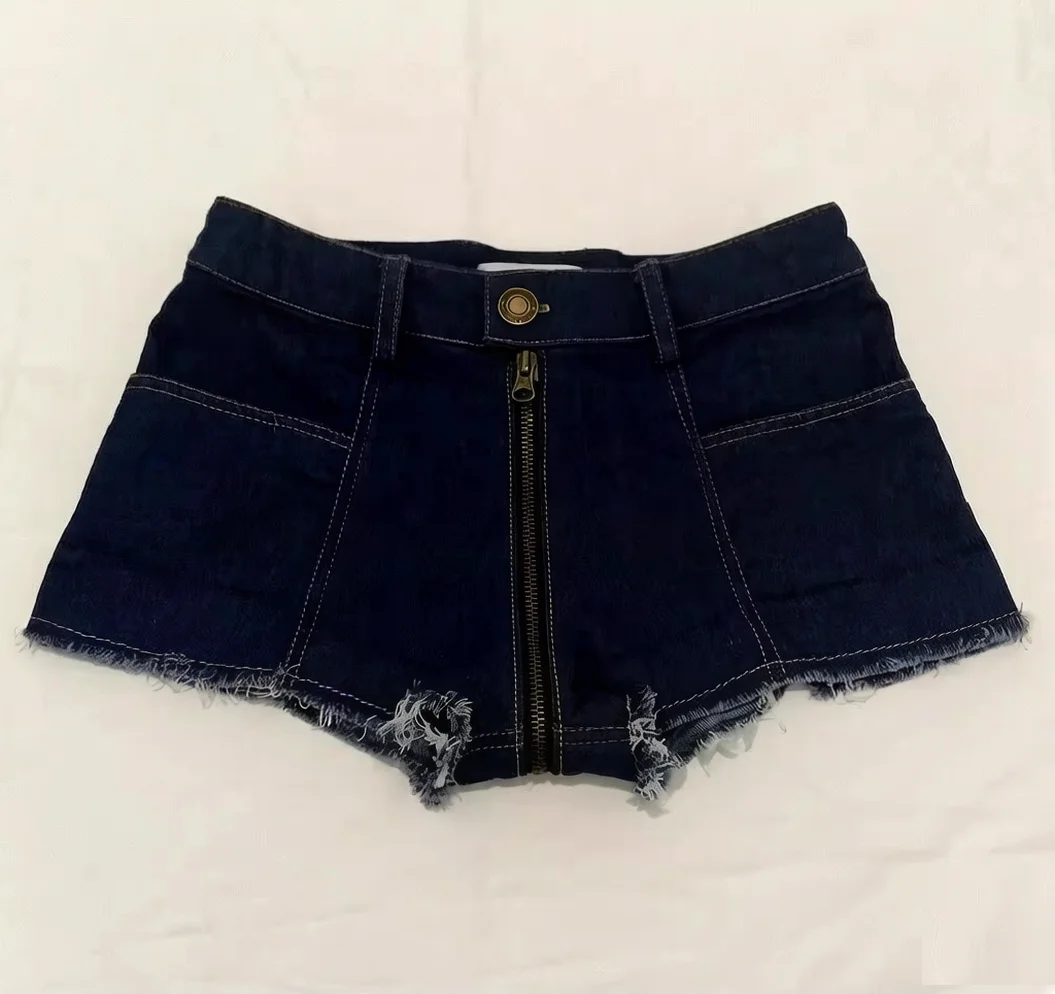 

Two Way Zipper Open Crotch Sexy Denim Booty Sexy Maid Beach Jeans Shorts Women Tassel Low Rise Waist Hot Short Dance Wear