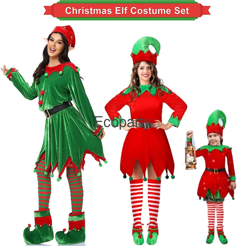 Girls Christmas Elf Costume Women Xmas Santa Claus Helper Cosplay Dress Adults Kids Family Christmas New Year Party Outfits Sets