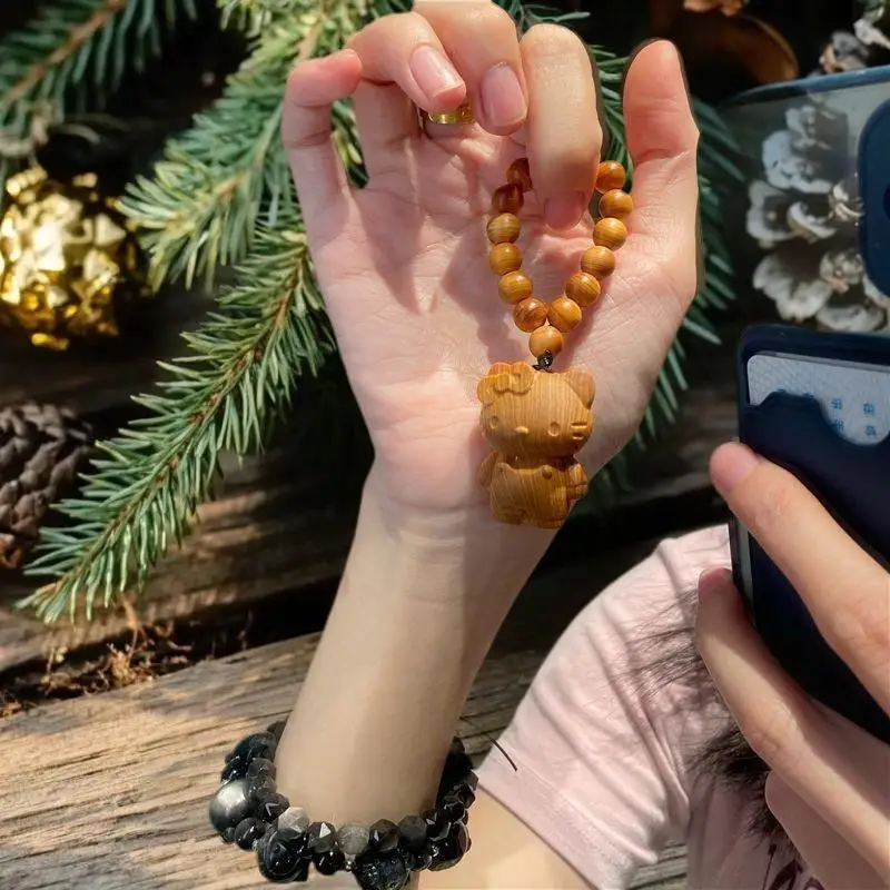 Cute Natural Aged Old Material Cypress Wood Kitty Hand Twist Play Cartoon Hello Kitty Tide Play Figure Wood Carving Pendant Gift