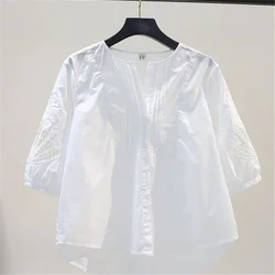 100% Cotton Embroidered Blouses Women Shirt Mid-sleeve Hollow Summer Top O-neck Loose Casual Button Up White Female Shirt