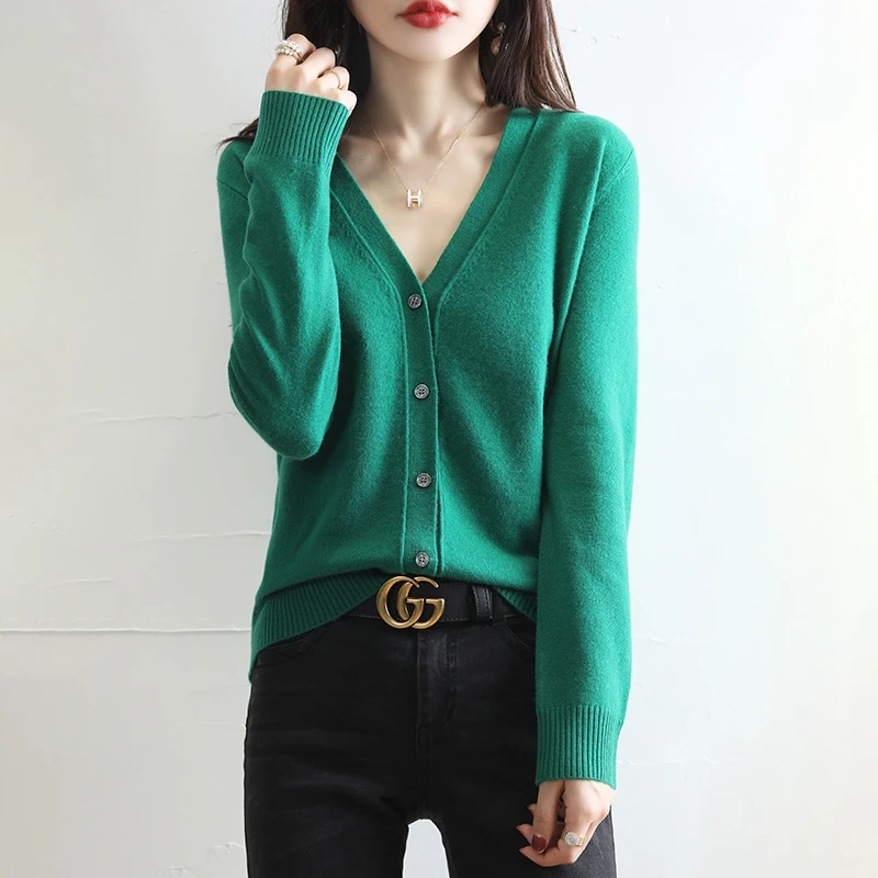 Women's Knitted Wool Cardigan Spring New Elegant Fashion V-Neck Single Breasted Sweater Long Sleeve Casual Coat Loose Chic Top