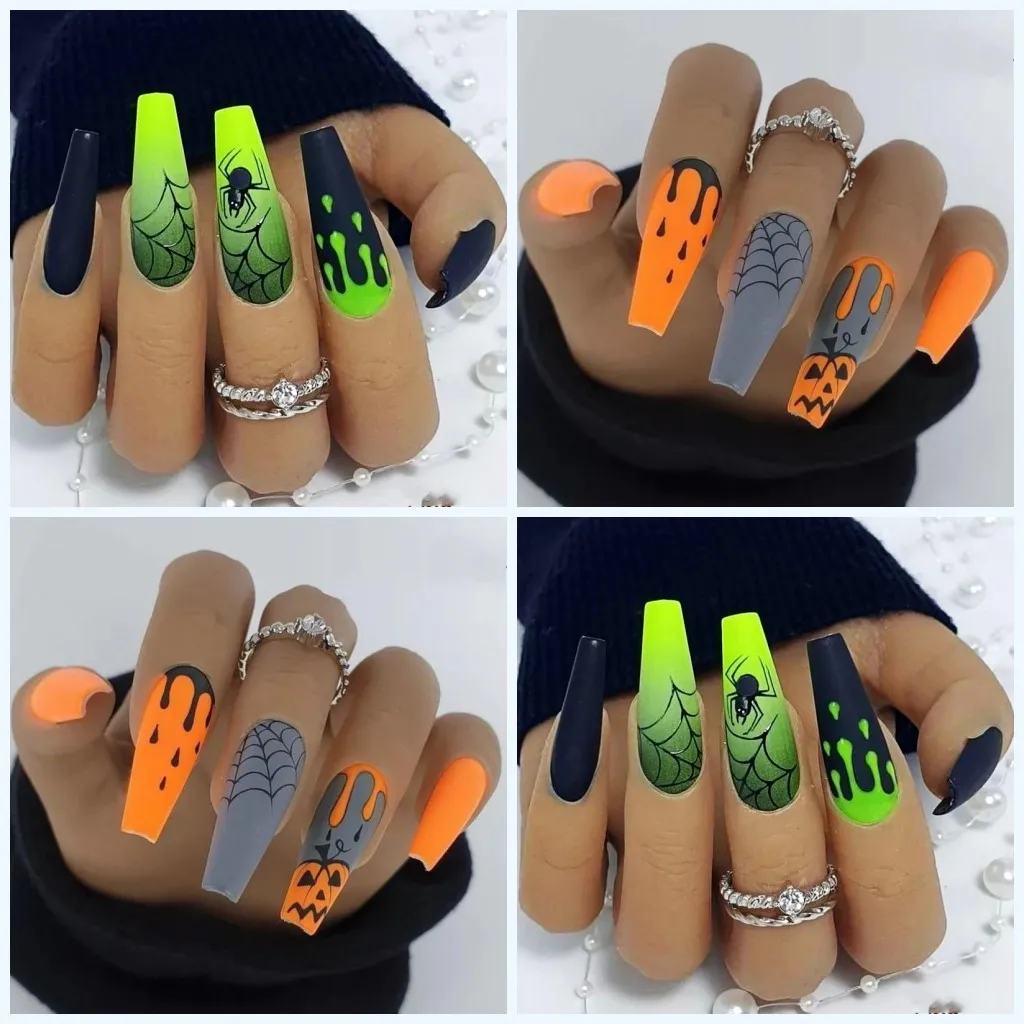 

3D fake nails set for halloween party pumpkin spider dual color luminous long tips faux ongles press on false nail art supplies