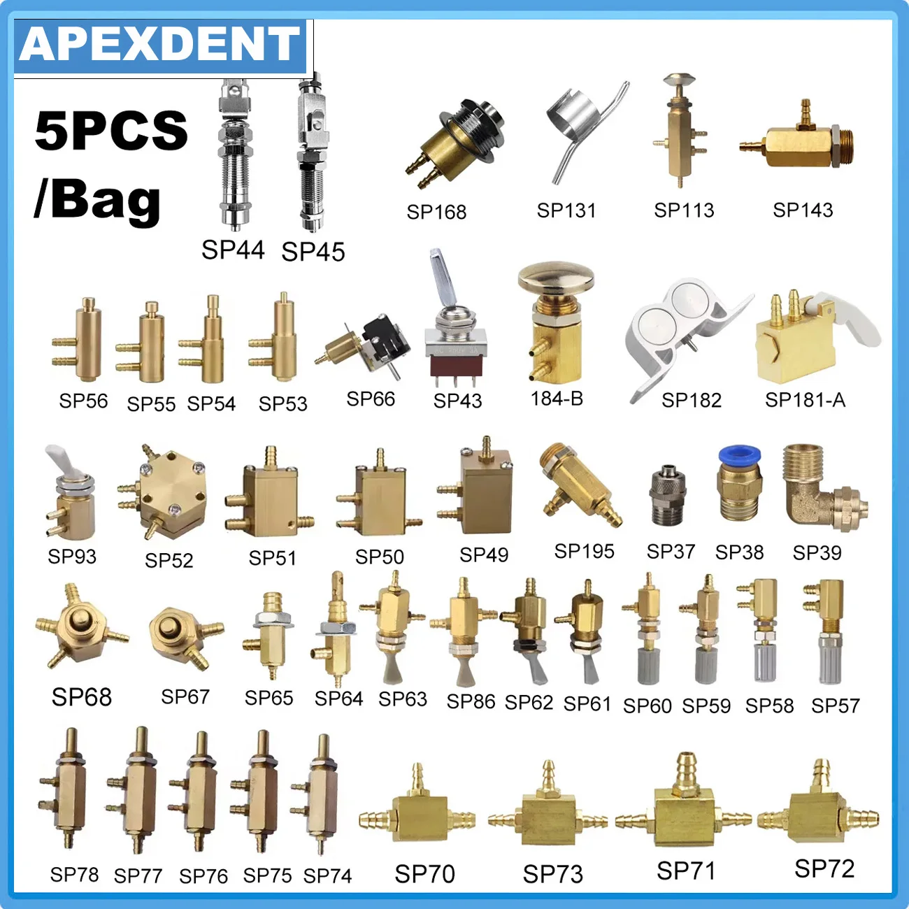Connecteur d'accessoires pour fauteuil dentaire, pièces de rechange en métal, Valve d'eau, interrupteur d'air, pression hexagonale, outils de dentisterie, 5 pièces/sac