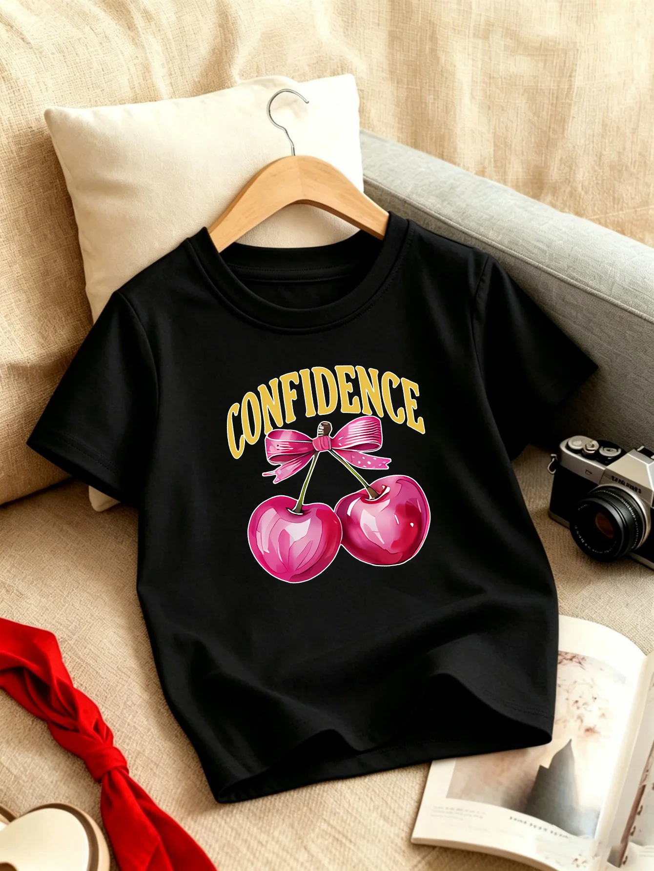 Confidence Bow Cherry Watercolor Kids T Shirt Boys Girls Short Sleeve Crew Neck Cotton Parent Matching Tops Toddler Youth