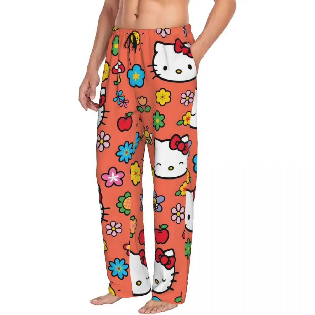 Custom Printed Men's Hello Kitty Pajama Pants Cute Cat Sleepwear Sleep Lounge Bottoms with Pockets