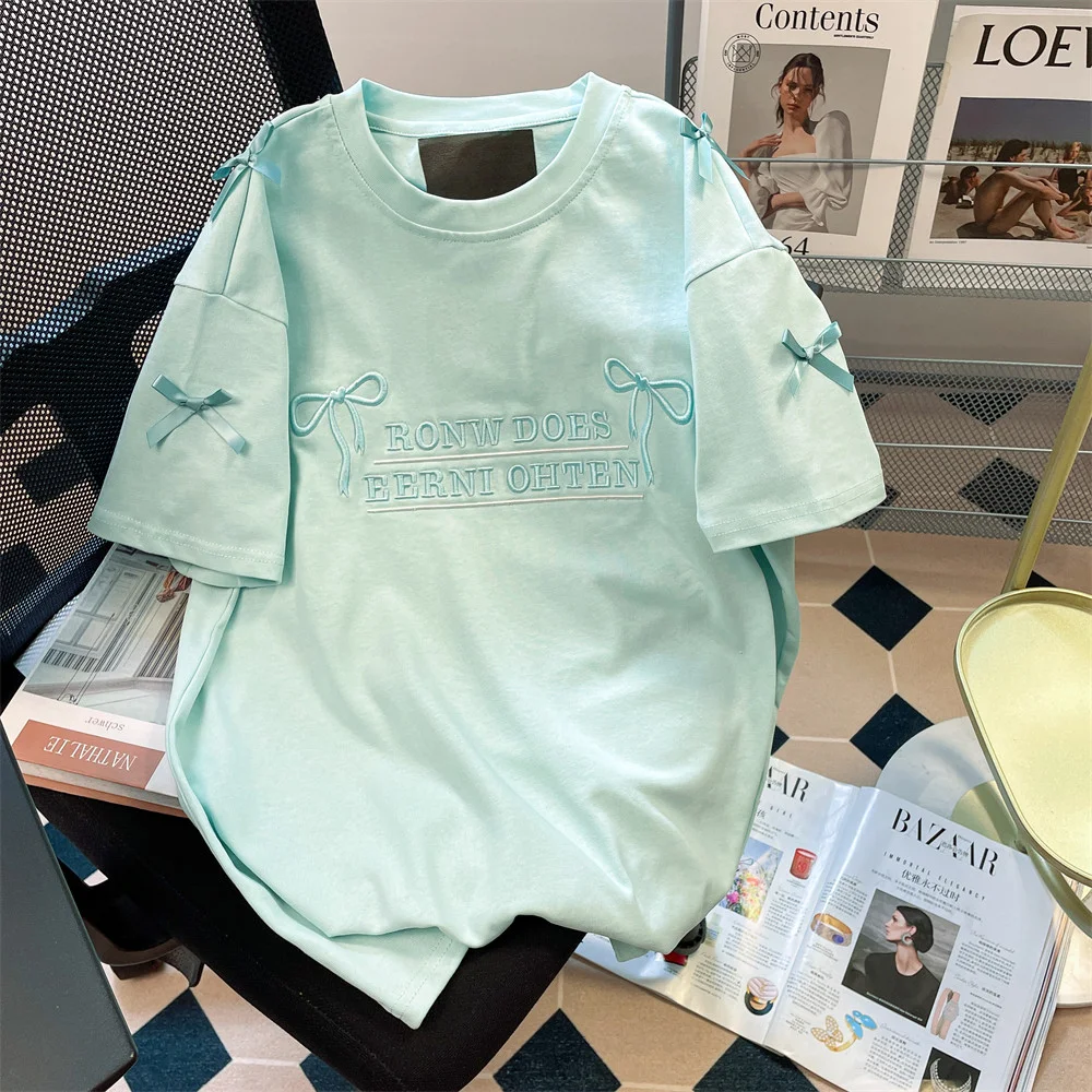 Sweet Bow Embroidered T-Shirt Men Women Summer Loose Korean Lazy Style Short Sleeve Top Mambo Style Mint Green O-neck Tee